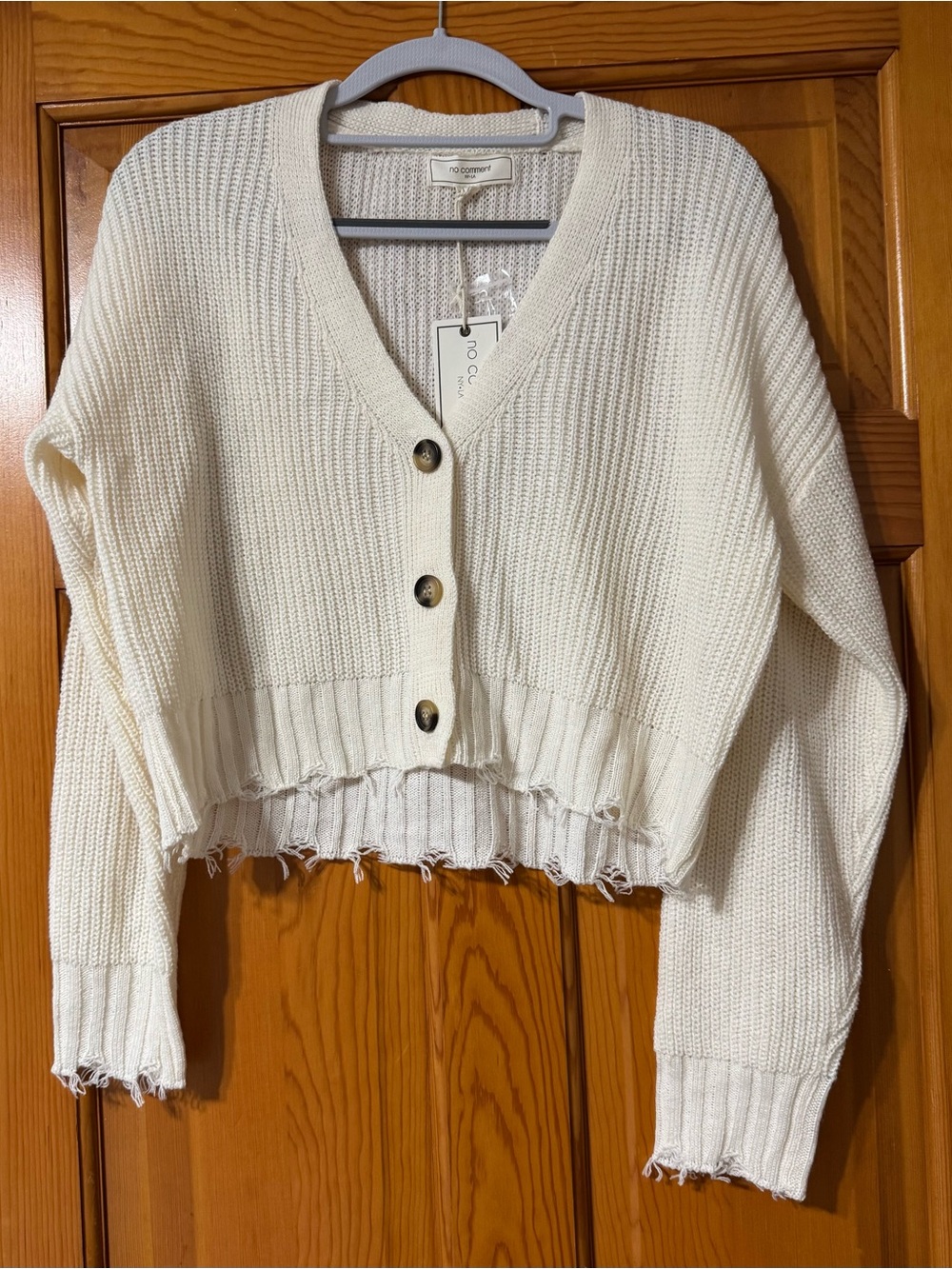 No Comment Cream Cropped V-Neck Distressed Cardigan
